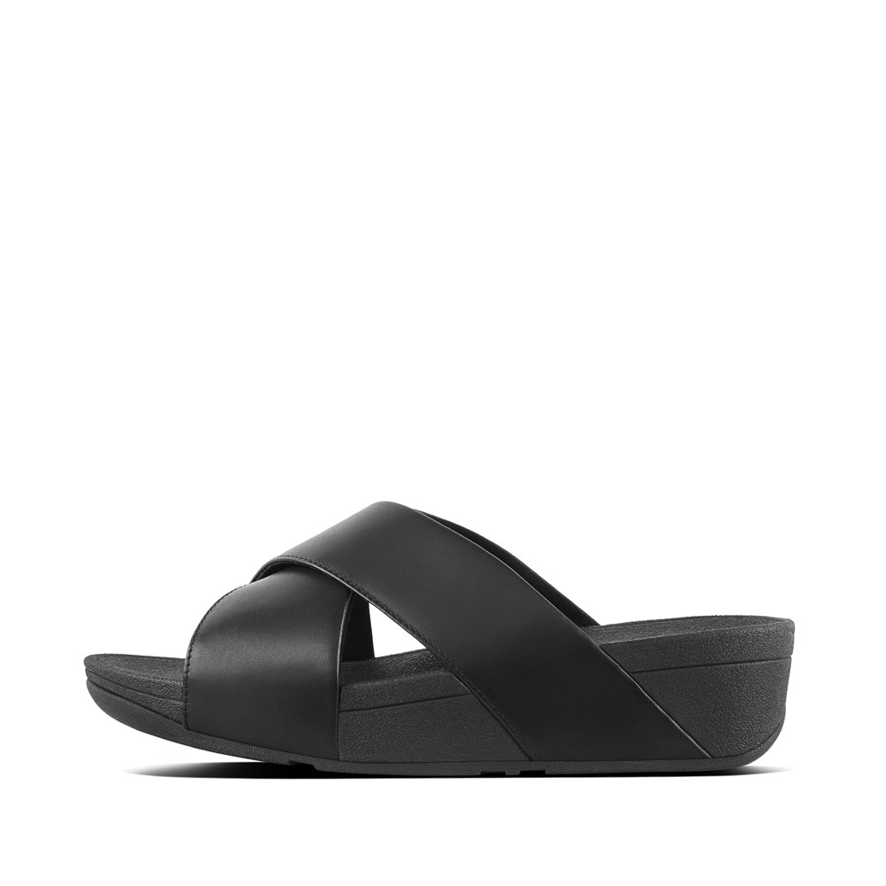 Fitflop Womens Slides Black - Lulu Leather Cross - 63UOQENZR